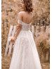 Off Shoulder Beaded Ivory Lace Tulle Side Split Wedding Dress